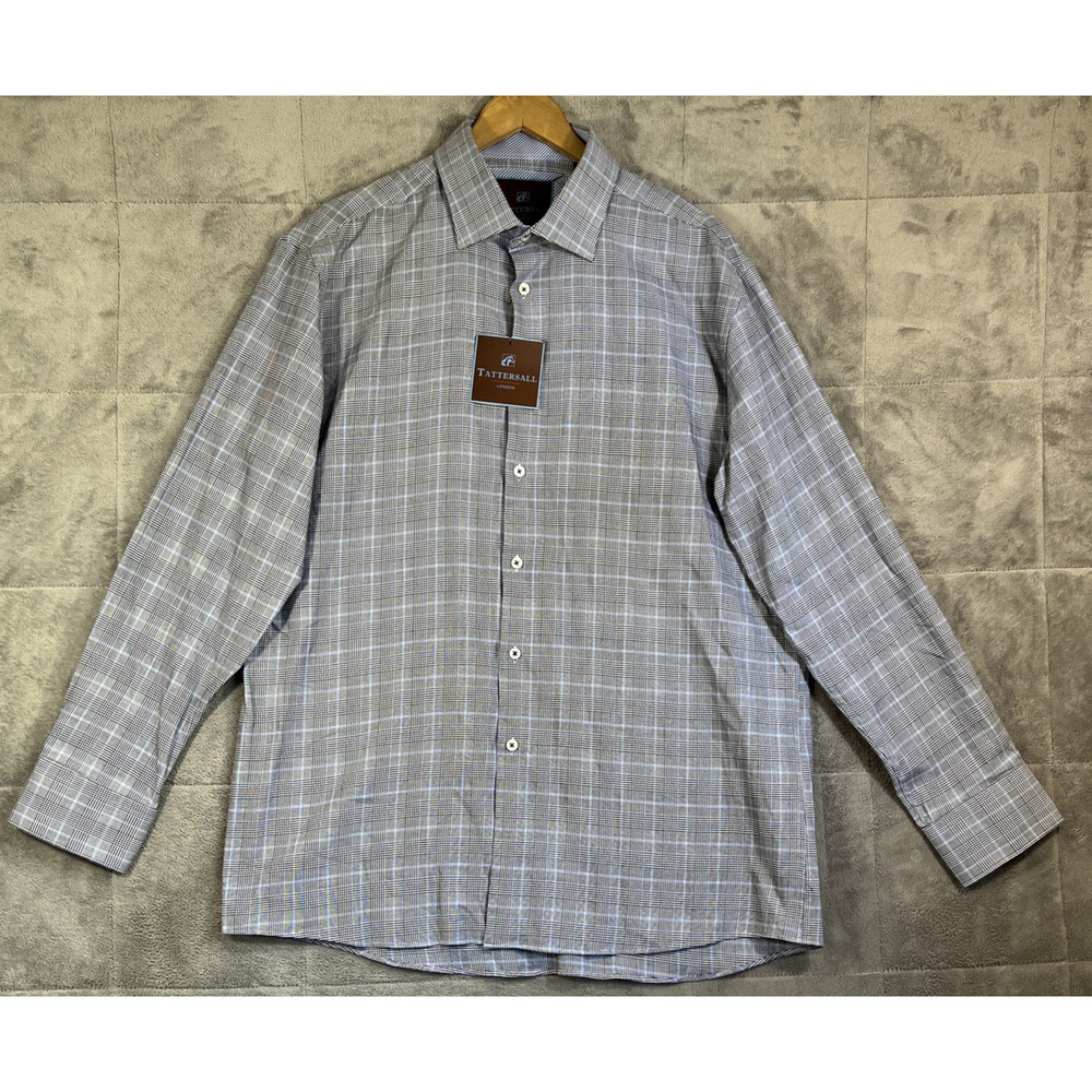 Tattersall London Dress Shirt 17 34/35 Blue Check Button Up Light Cotton NEW